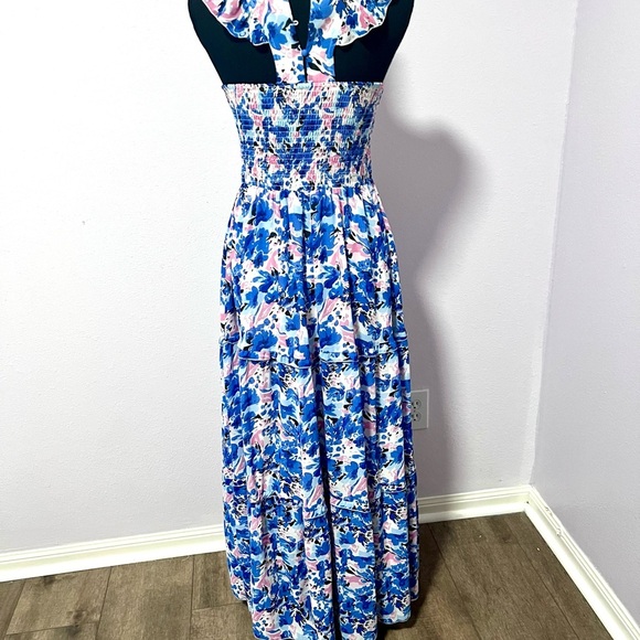 Melloday Floral flutter sleeves smocked Maxi Dress in Blue and Pink  SMALL - Picture 12 of 16